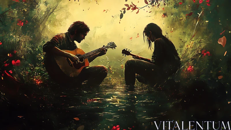 Two guitar players sit in shallow water within dense forest