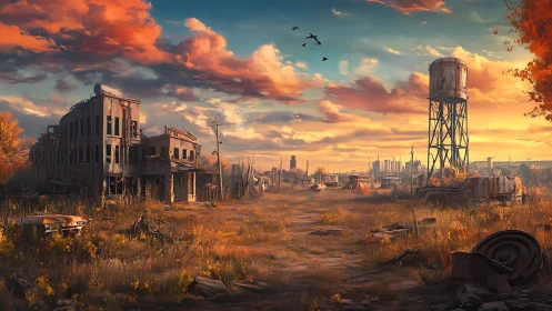 Golden hour overgrown town with rust, ruins, and quiet skies.
