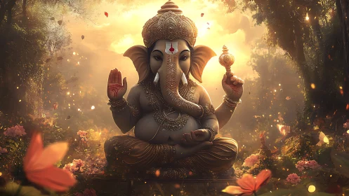 Divine Ganesha statue glows in lush enchanted forest sanctuary