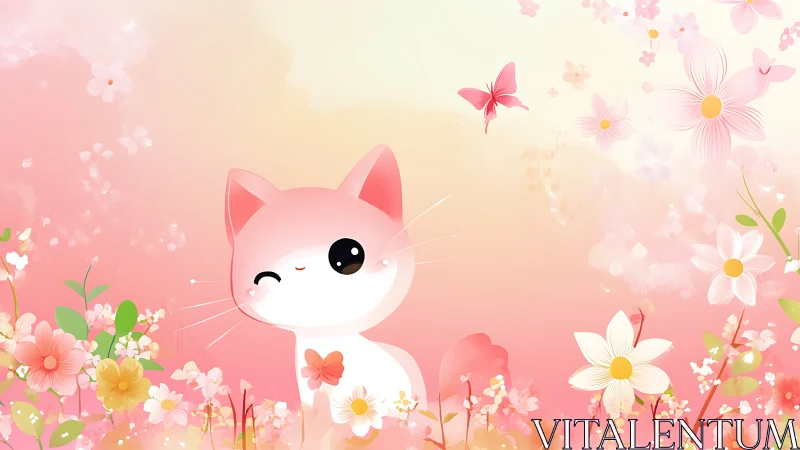 Stylized feline character rendered among floral elements in pastel tones.