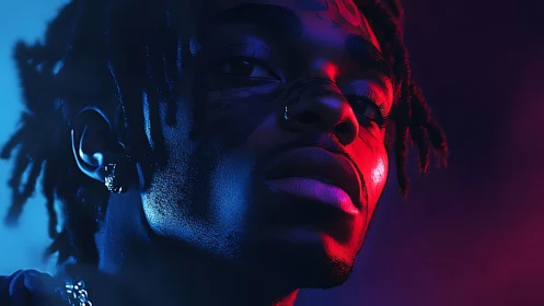 Portrait of man in blue and red colored lighting profile.