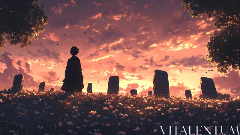 Twilight mourner wandering through a flower-lit graveyard.