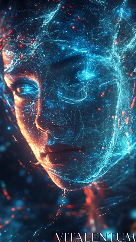 Neon-lit cybernetic face mapped by volumetric particle streams