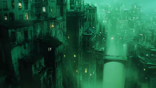 Emerald fog engulfs towering canyon city and lone bridge.