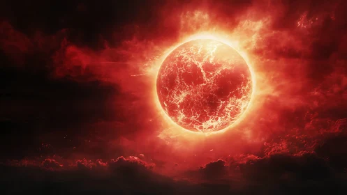 Glowing red stellar sphere centered in turbulent cloud field