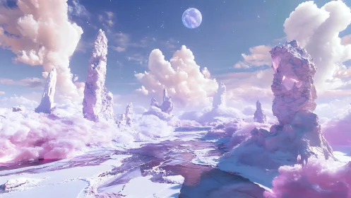 Vertical ice formations and stratified clouds under distant moon