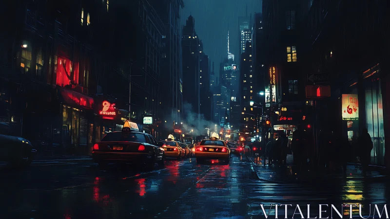Rain-soaked neon taxis glide through a midnight canyon city