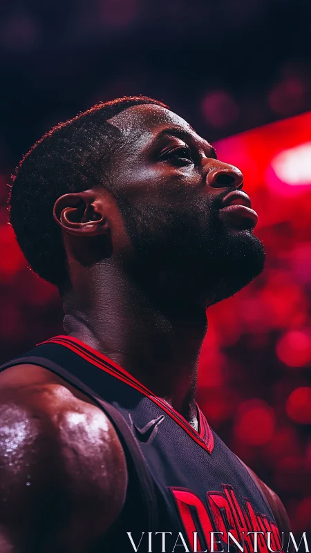 Portrait of basketball player under red arena lighting.