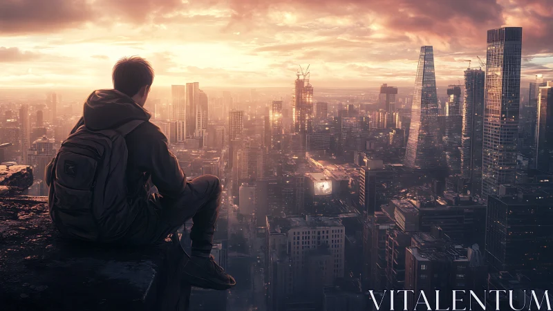 Backpacked observer overlooking volumetric-lit megacity horizon.