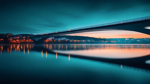 Modern bridge over calm water at dusk with city lights.