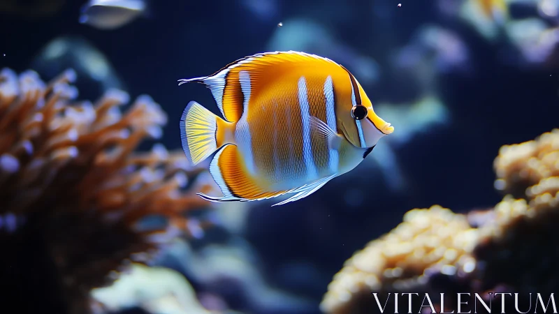Orange and white tropical reef fish in marine aquarium.