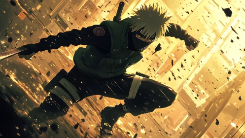 Dynamic masked warrior leaps through glowing shattered city