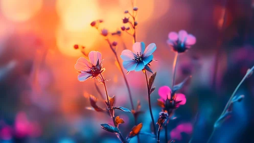 Delicate flowers glow in vibrant color gradient light.