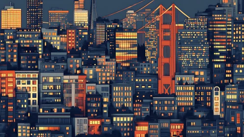 Dense night cityscape with bridge and lit windows.