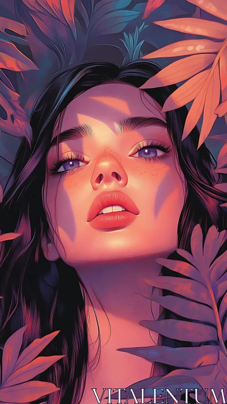 Neon-lit female portrait framed by stylized tropical foliage