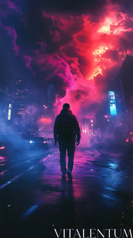 Solitary figure in neon city street under vivid clouds.