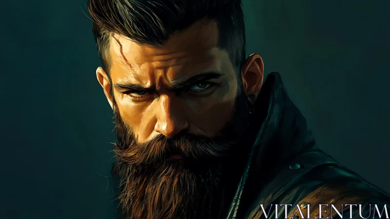 Storm-lit bearded warrior meets the viewer with fierce calm