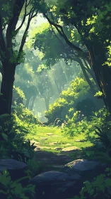 Sunlit Forest Path Through Ancient Trees and Glowing Foliage