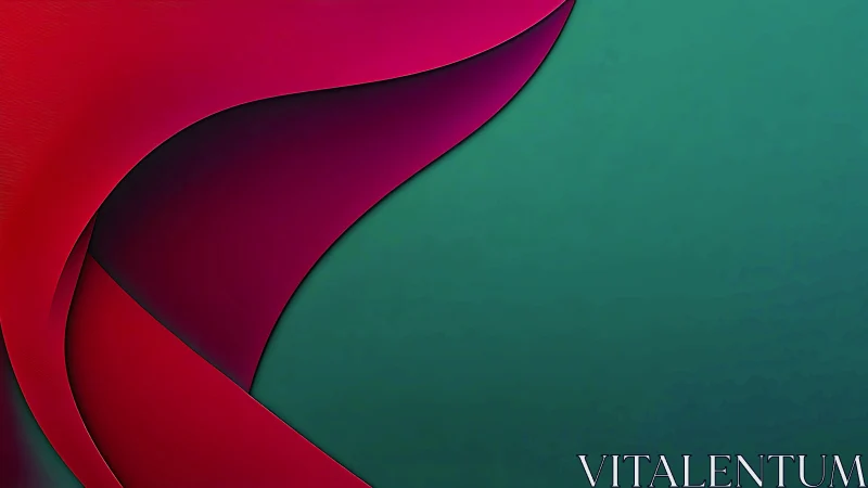 Curved red gradient layers over teal textured background.