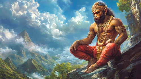 Simian-headed mythic figure seated on cliff in mountains.