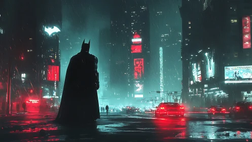 Dark-cloaked vigilante in neon-soaked, rain-drenched cityscape.