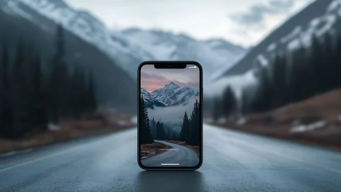 Smartphone frames alpine roadway within shallow depth of field