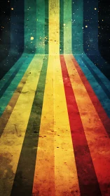 Converging retro spectrum bands form a textured tunnel corridor