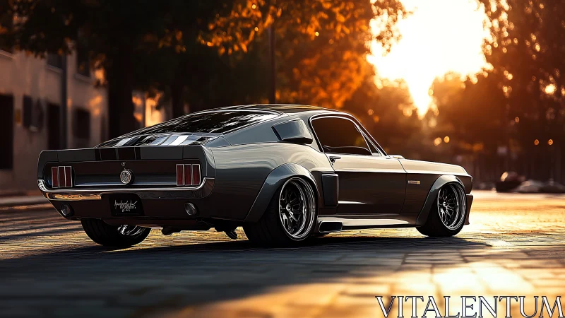 Photorealistic sunset muscle car render with low-angle framing.