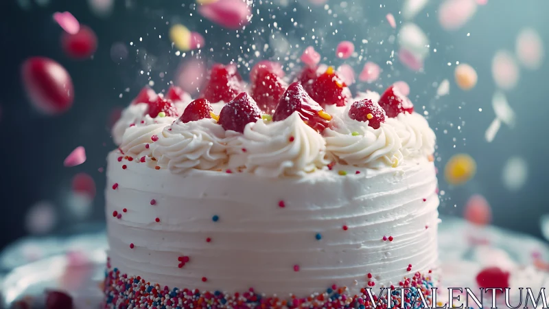 Celebration Cake with Raspberries and Sprinkles.