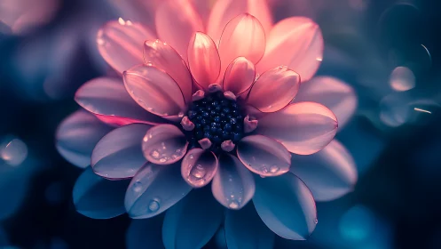 Translucent pink flower with water droplets under blue backlighting