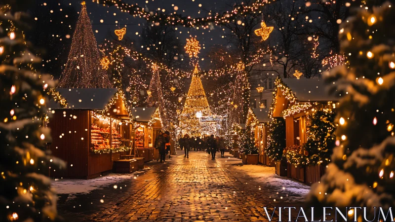 European Christmas market glows under golden festive lights.