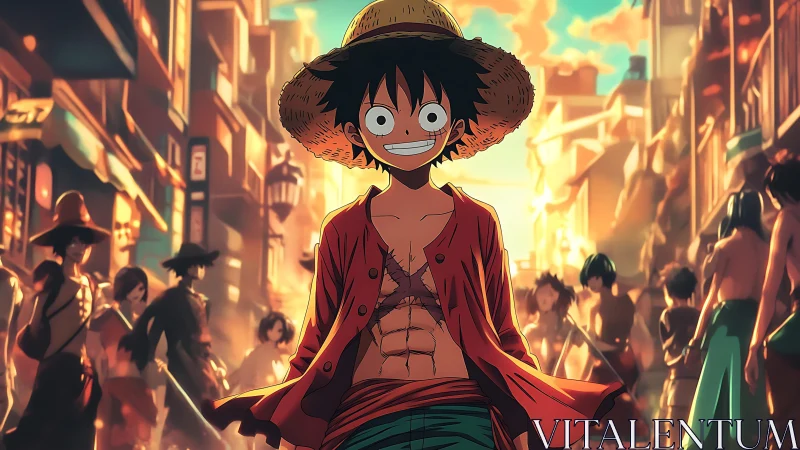 Straw-hatted adventurer in glowing anime city streets.