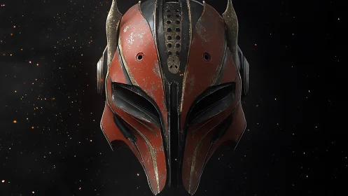 Weathered red sci‑fi helmet with horned crest and scratched metal