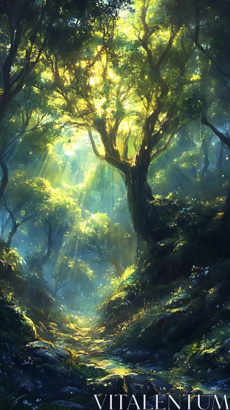 Luminous Forest Canopy: Radiant Woodland Cathedral in Digital Oil.