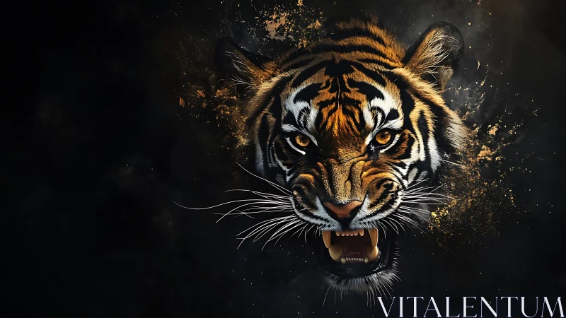 Roaring tiger portrait dissolves into abstract particle bursts