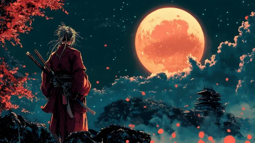 Samurai silhouette under blood moon with cinematic framing.