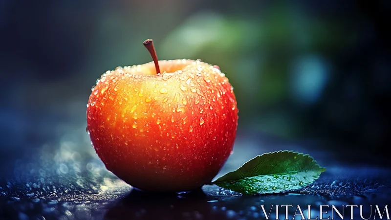 Photorealistic dewy apple still life on reflective surface.