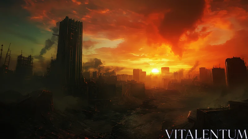 Post-apocalyptic urban skyline under intense orange sunset.