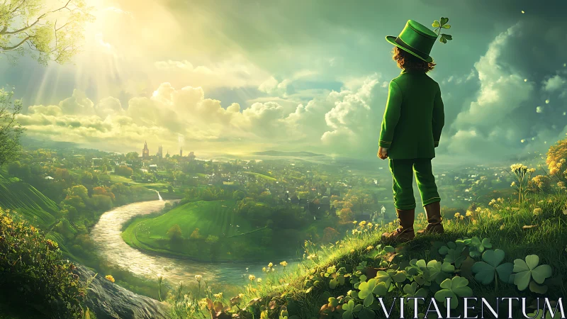 Leprechaun child surveys sunlit valley in lush fantasy landscape