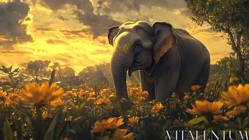 Gentle elephant wandering through golden sunset flowers.