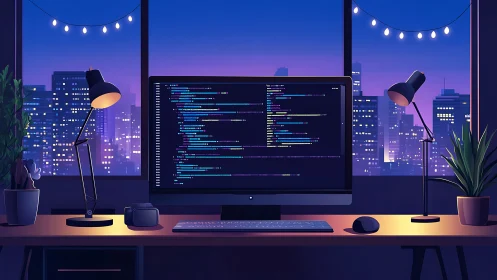 Night city coding workstation with ambient purple lighting.