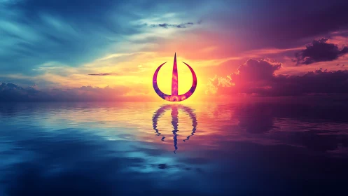 Celestial sigil rising over neon-tinted, glass-still sea.