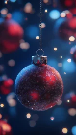 Glitter-dusted red ornament drifting in dreamy festive glow.