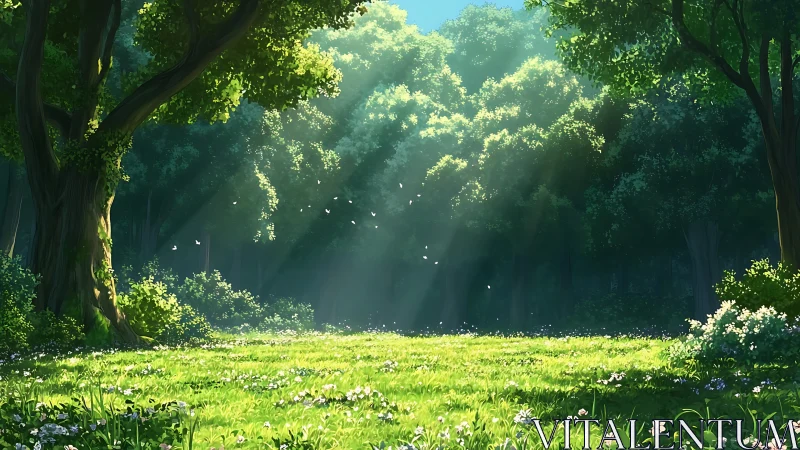 Luminous Forest Glade with Atmospheric Light Diffusion.