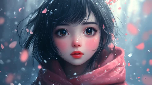 Anime girl portrait in pink cloak with falling petals.