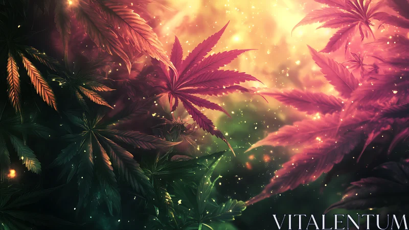 Luminous cannabis leaves under glowing sunset haze.
