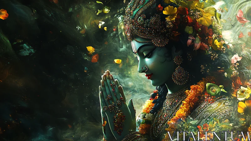Divine blue figure in prayer amid swirling floral aura.