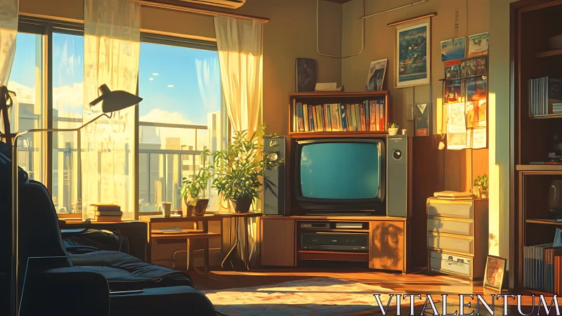 Late afternoon sun warming a retro Tokyo living room.