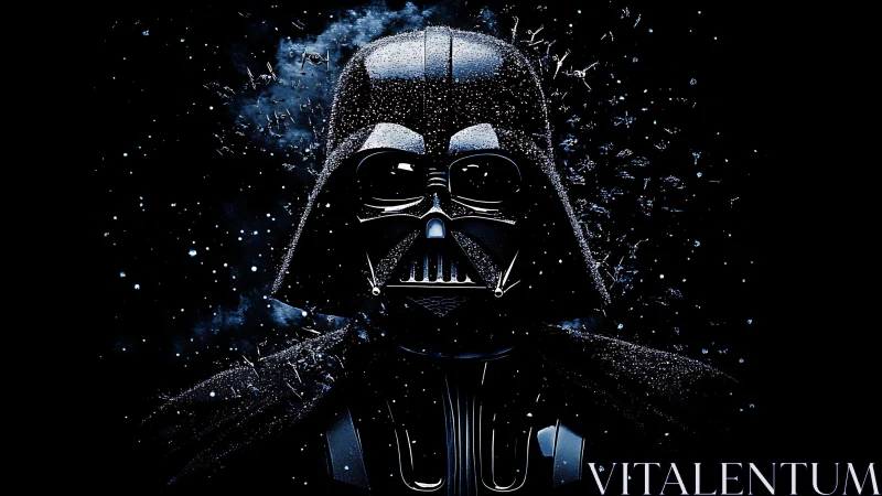 Dark armored figure amid shattered cosmic particles.