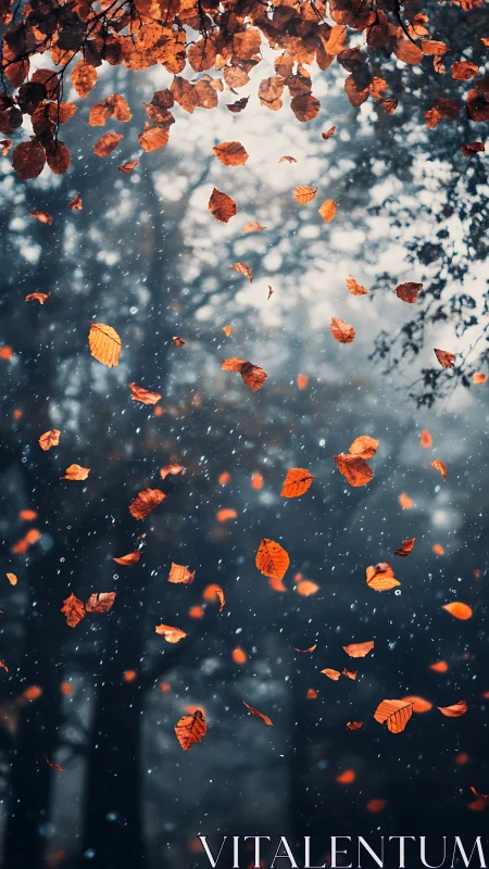 Vertical forest study with suspended autumn foliage cascade.